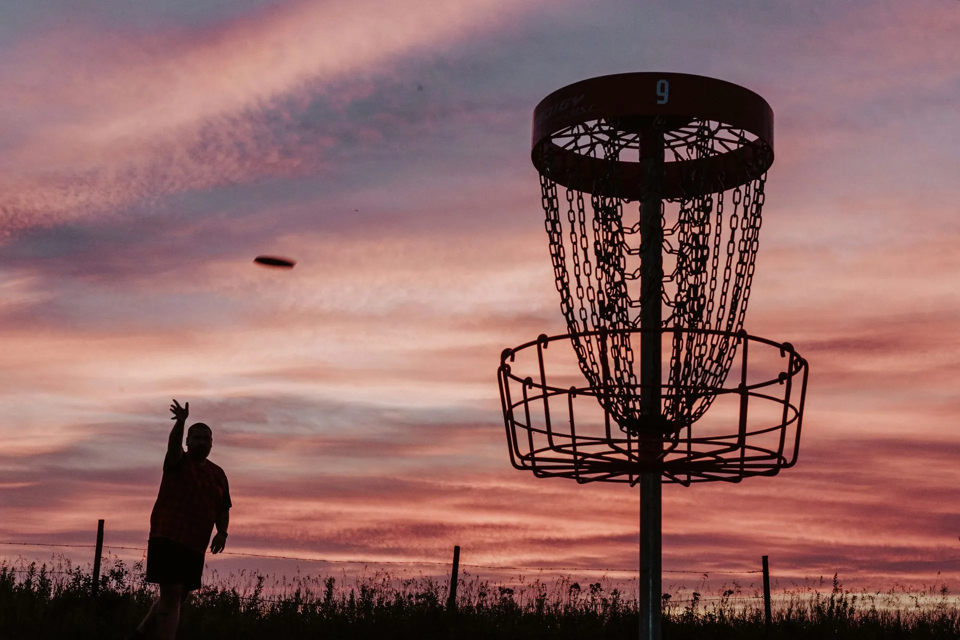 Disc golf course at sunset